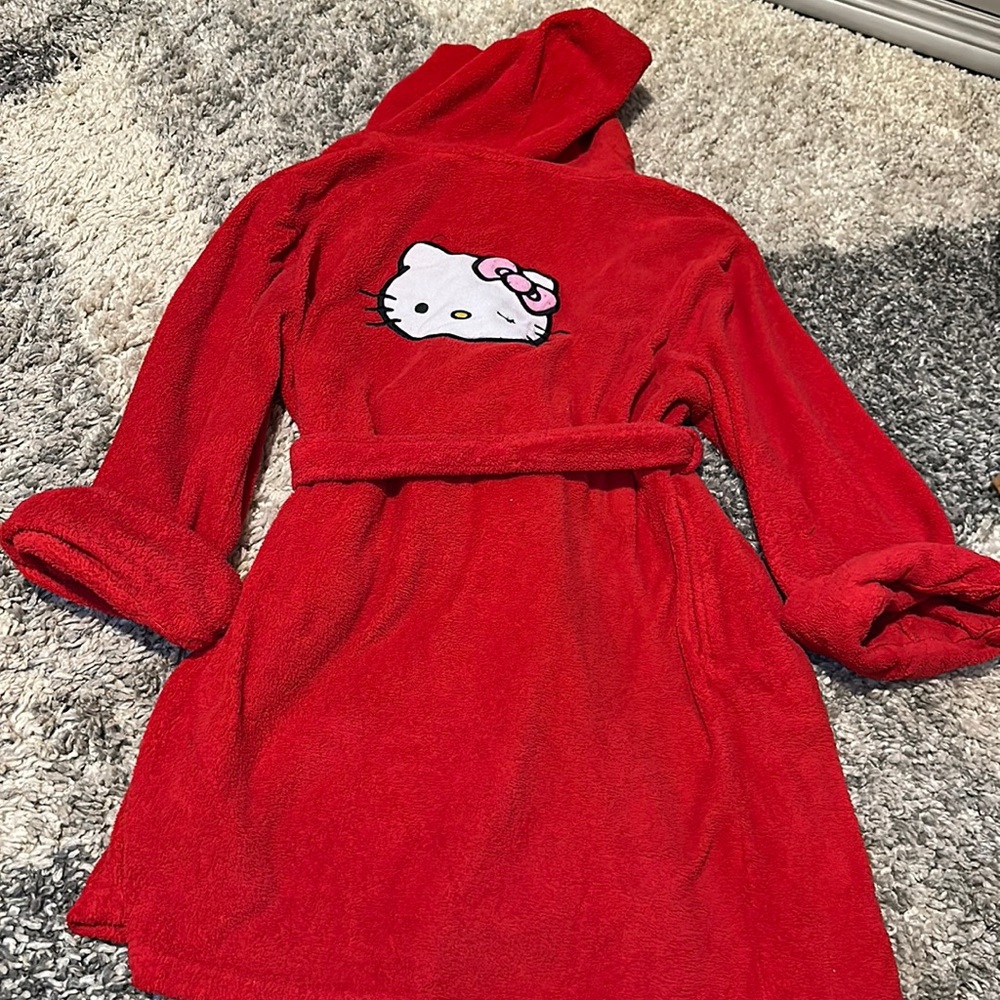 Hello Kitty Women's Soft Long Sleeves Red Embroidered Graphic Plush Midi Robe